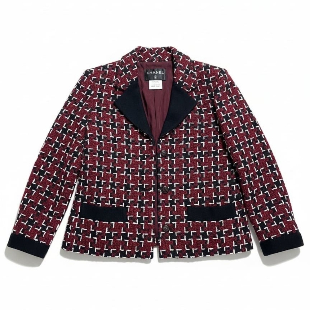 Chanel Burgundy Black Tweed Wool Blazer Size EU 40